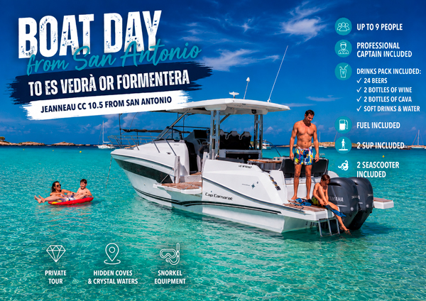 private boat day from San Antonio with a Jeanneau motorboat to es vedra or formentera